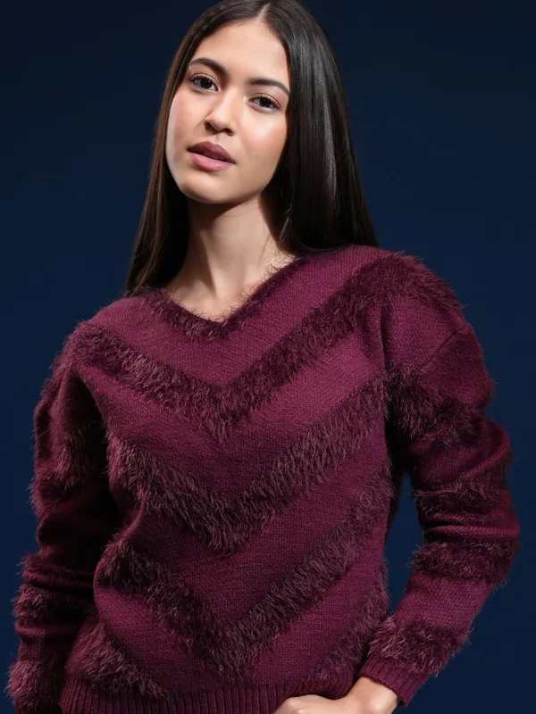 Tokyo Talkies Women Purple Round Neck Sweater
