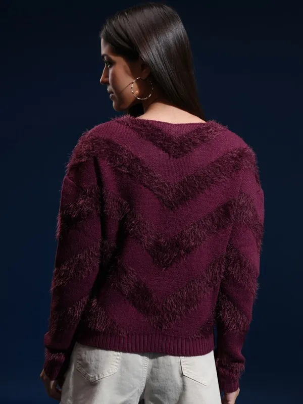 Tokyo Talkies Women Purple Round Neck Sweater