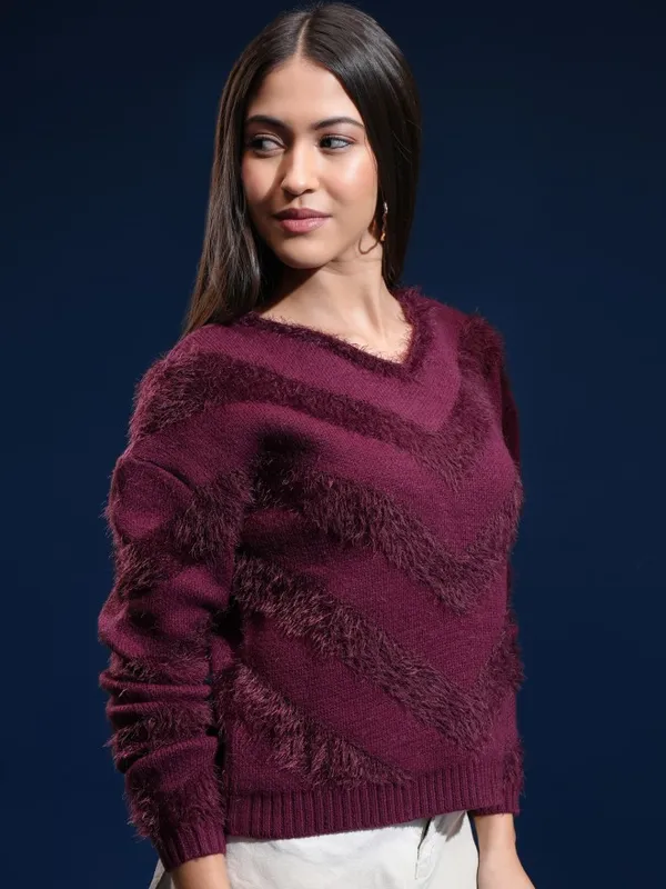 Tokyo Talkies Women Purple Round Neck Sweater