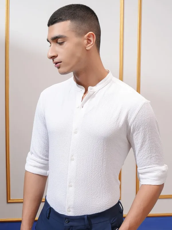 Highlander Men White Textured Regular Fit Casual Shirt