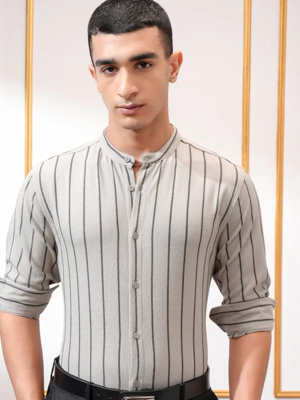 Highlander Men Olive Striped Slim Fit Casual Shirt