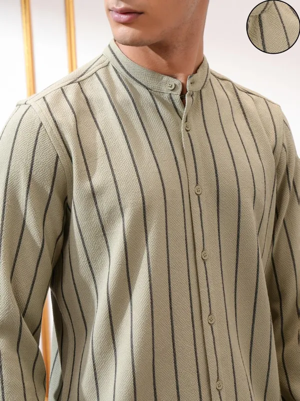 Highlander Men Green Striped Slim Fit Casual Shirt