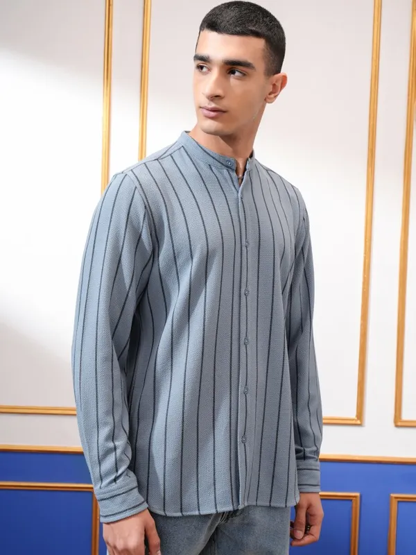 Highlander Men Blue Striped Slim Fit Casual Shirt