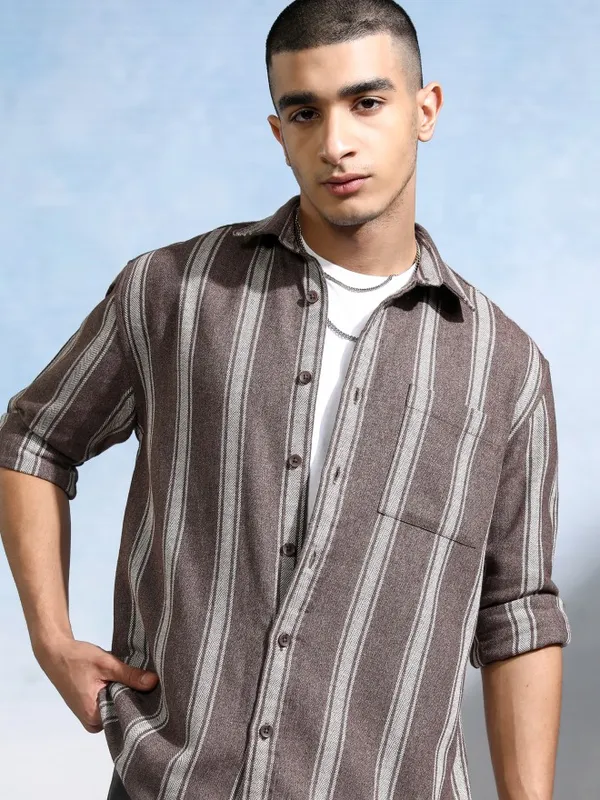 Highlander Men Brown Striped Relaxed Fit Casual Shirt