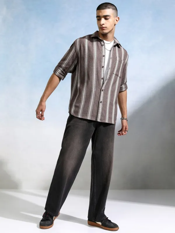 Highlander Men Brown Striped Relaxed Fit Casual Shirt