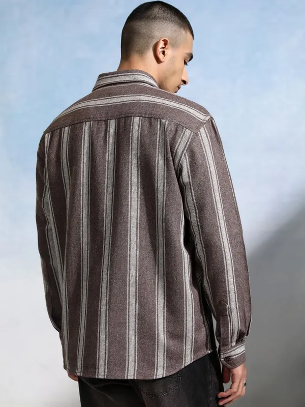 Highlander Men Brown Striped Relaxed Fit Casual Shirt