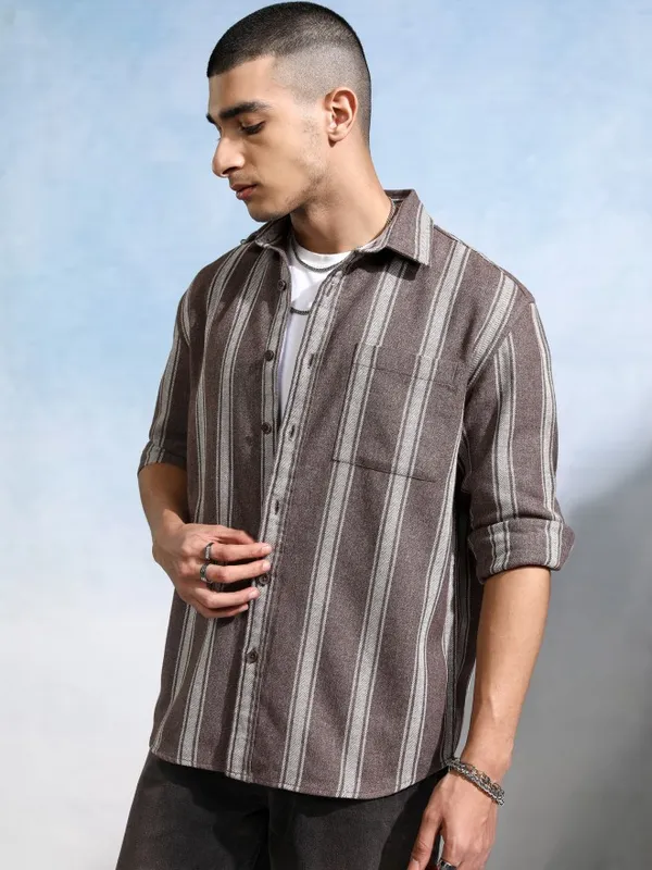 Highlander Men Brown Striped Relaxed Fit Casual Shirt