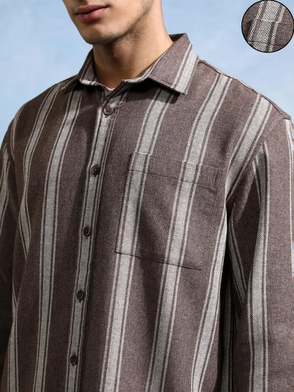 Highlander Men Brown Striped Relaxed Fit Casual Shirt