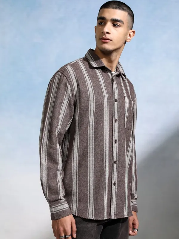 Highlander Men Brown Striped Relaxed Fit Casual Shirt