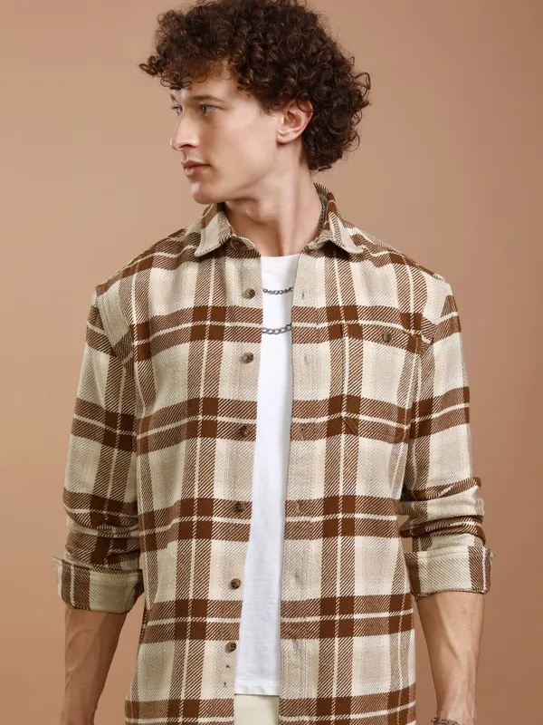 Highlander Men Mustard Checked Relaxed Fit Casual Shirt