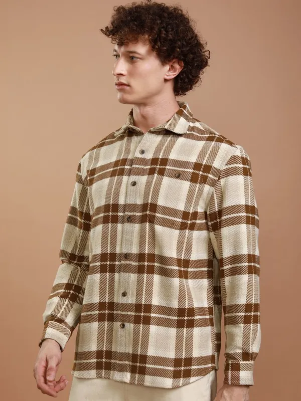 Highlander Men Mustard Checked Relaxed Fit Casual Shirt