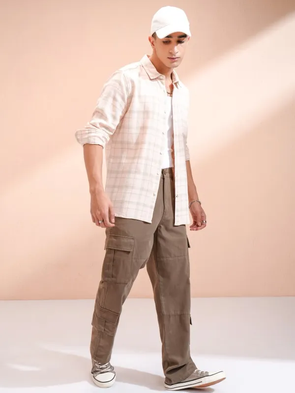 Highlander Men Peach Checked Slim Fit Casual Shirt