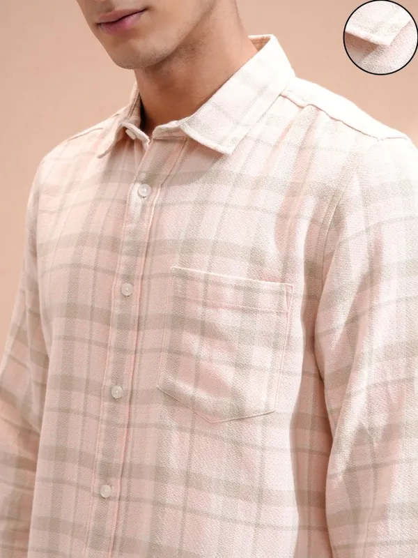 Highlander Men Peach Checked Slim Fit Casual Shirt