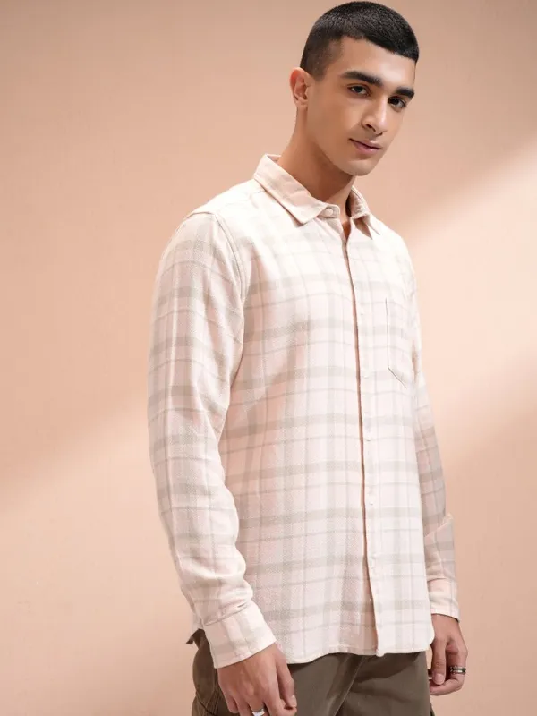 Highlander Men Peach Checked Slim Fit Casual Shirt