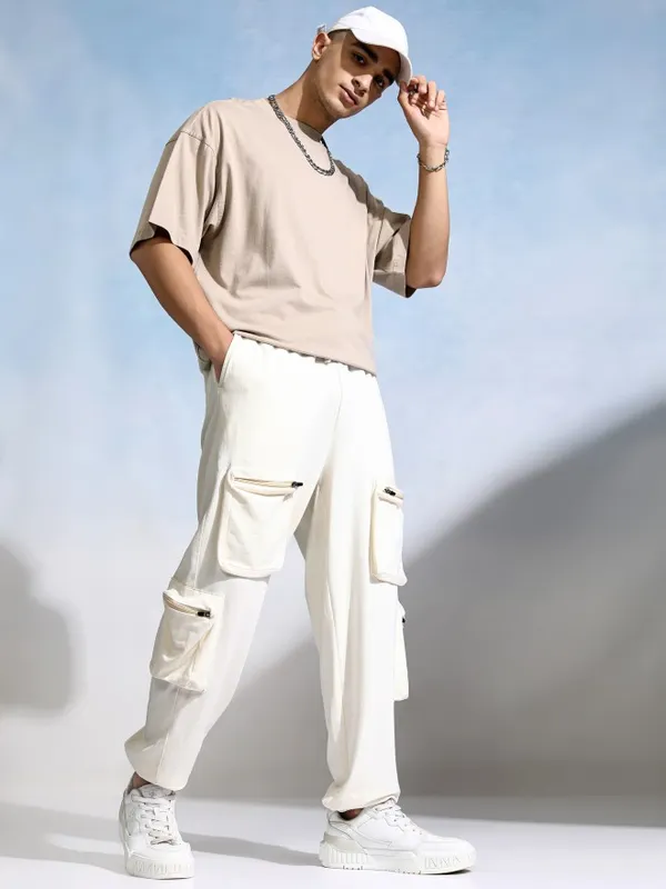 Highlander Men Cream Straight Fit Solid Joggers