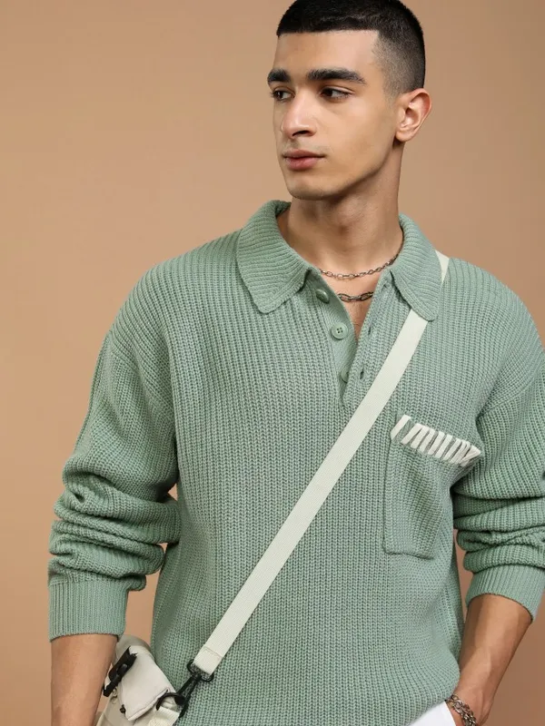 Highlander Men Green Shirt Collar Pullover Sweater