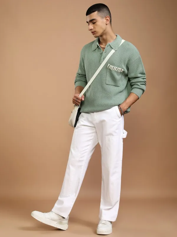 Highlander Men Green Shirt Collar Pullover Sweater