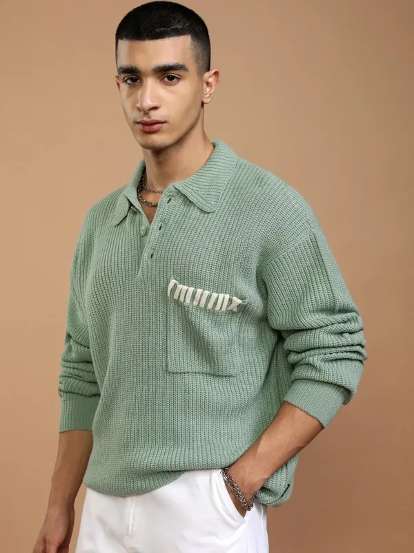 Highlander Men Green Shirt Collar Pullover Sweater
