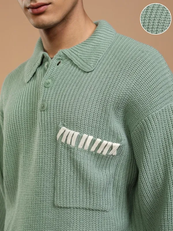 Highlander Men Green Shirt Collar Pullover Sweater