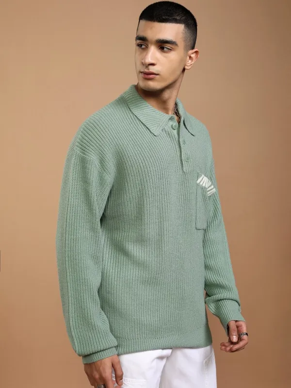 Highlander Men Green Shirt Collar Pullover Sweater