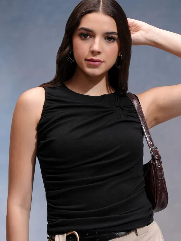 Tokyo Talkies Women Black Solid Fitted Top