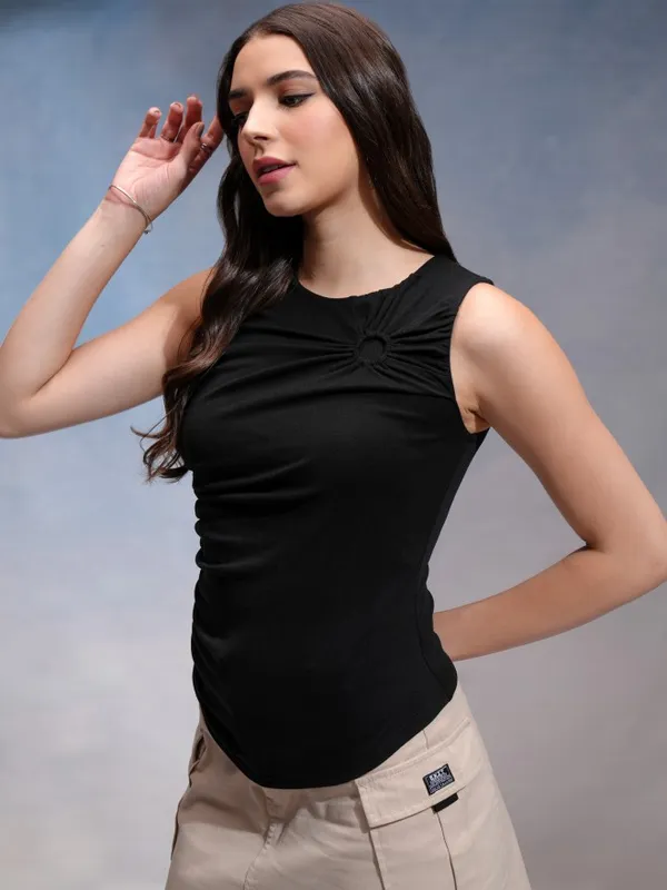 Tokyo Talkies Women Black Solid Fitted Top