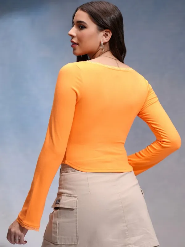 Tokyo Talkies Women Orange Solid Fitted Top