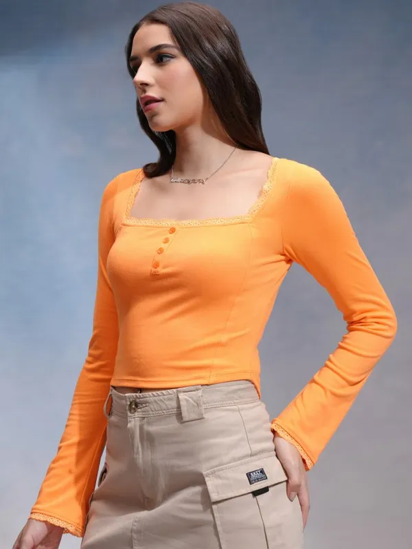 Tokyo Talkies Women Orange Solid Fitted Top