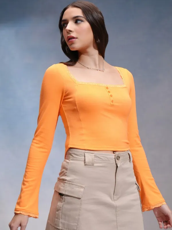 Tokyo Talkies Women Orange Solid Fitted Top