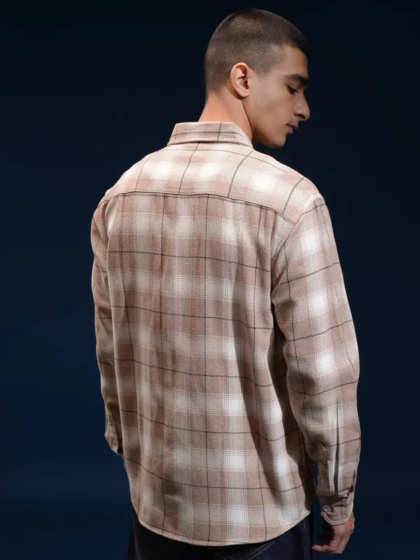 Highlander Men Peach Checked Relaxed Fit Casual Shirt