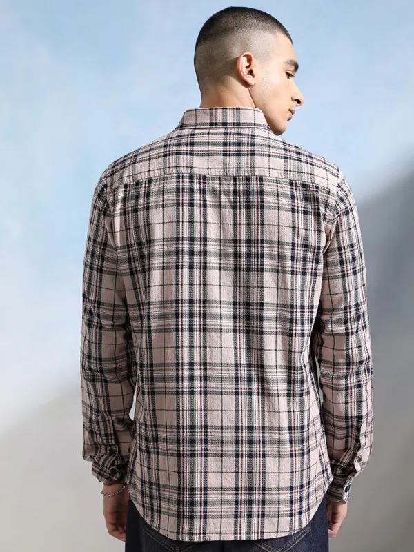 Highlander Men Peach Checked Slim Fit Casual Shirt