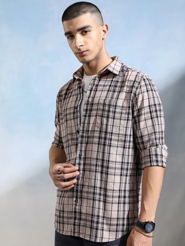 Highlander Men Peach Checked Slim Fit Casual Shirt