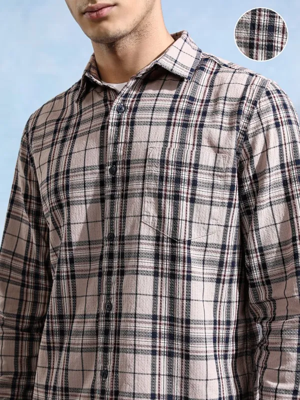Highlander Men Peach Checked Slim Fit Casual Shirt