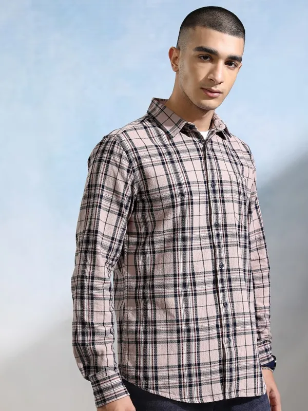 Highlander Men Peach Checked Slim Fit Casual Shirt