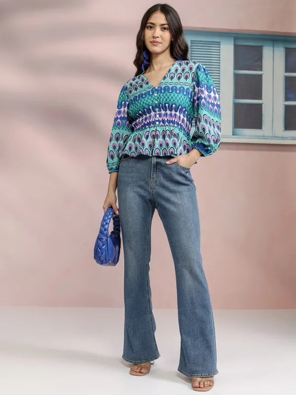 Tokyo Talkies Women Blue Printed Peplum Top