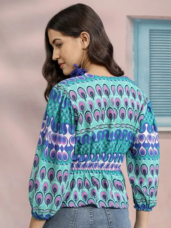 Tokyo Talkies Women Blue Printed Peplum Top