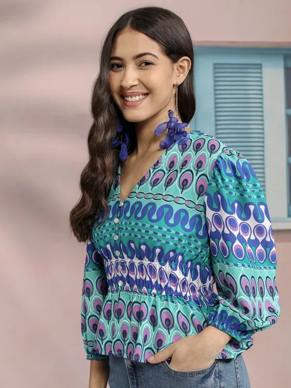 Tokyo Talkies Women Blue Printed Peplum Top