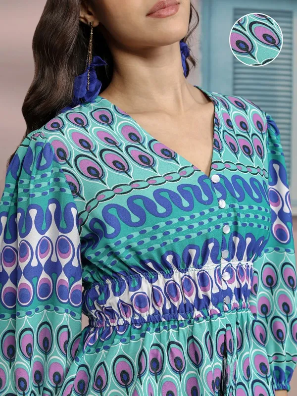 Tokyo Talkies Women Blue Printed Peplum Top