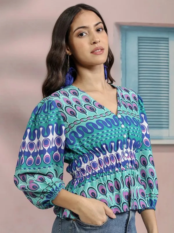 Tokyo Talkies Women Blue Printed Peplum Top