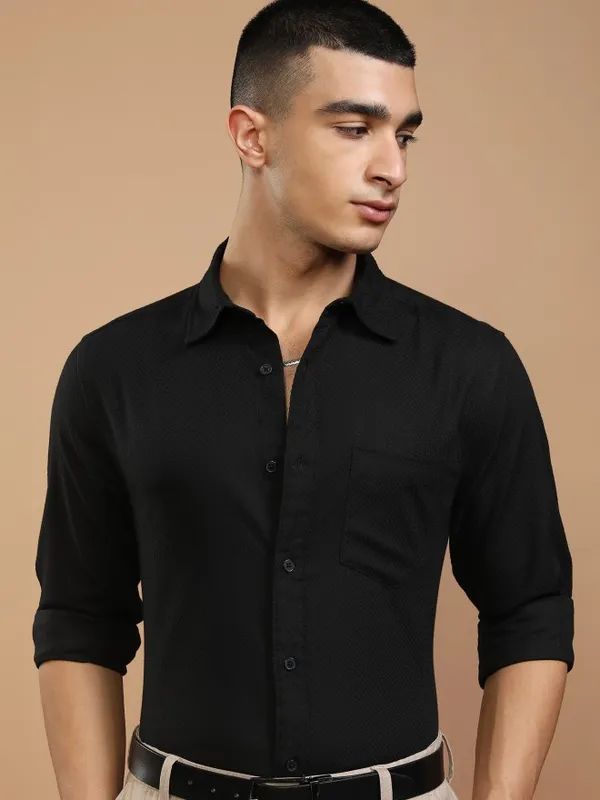 Highlander Men Black Self Design Slim Fit Casual Shirt