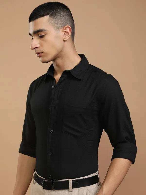 Highlander Men Black Self Design Slim Fit Casual Shirt