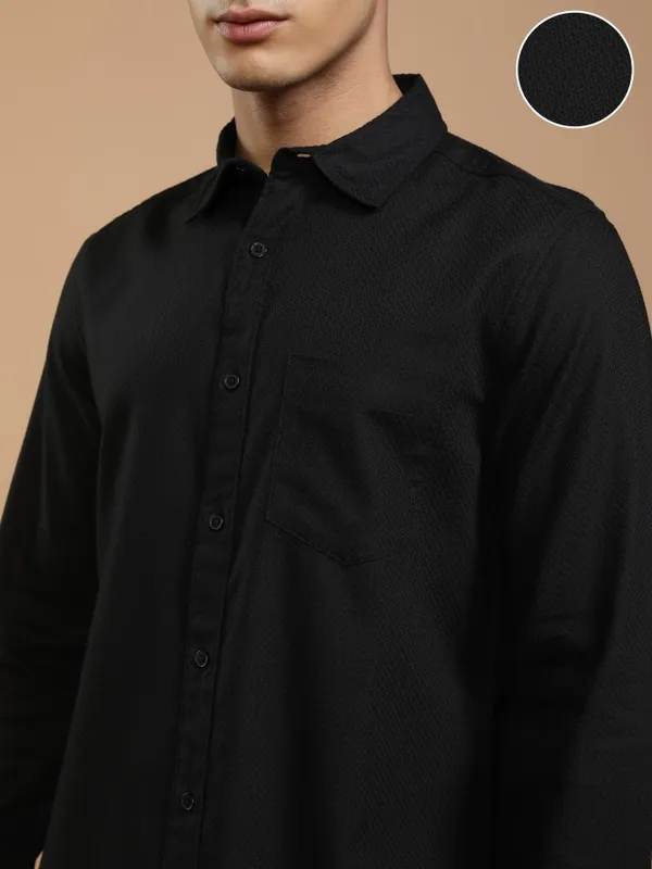Highlander Men Black Self Design Slim Fit Casual Shirt