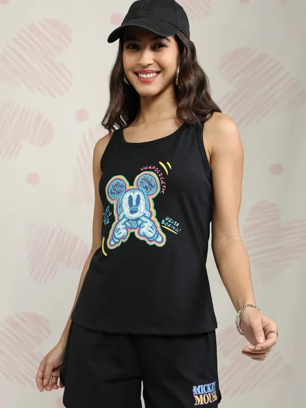 Disney By Tokyo Talkies Women Black Mickey Mouse T-shirt With Short