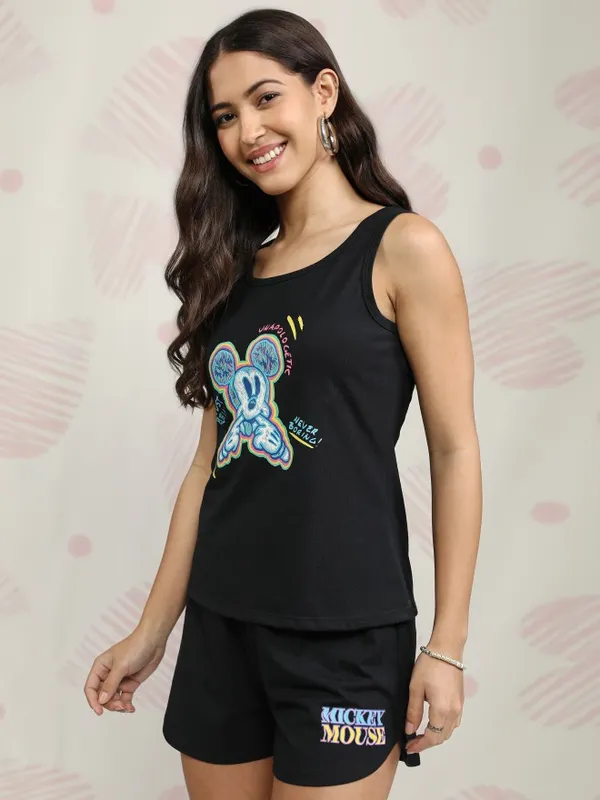 Disney By Tokyo Talkies Women Black Mickey Mouse T-shirt With Short