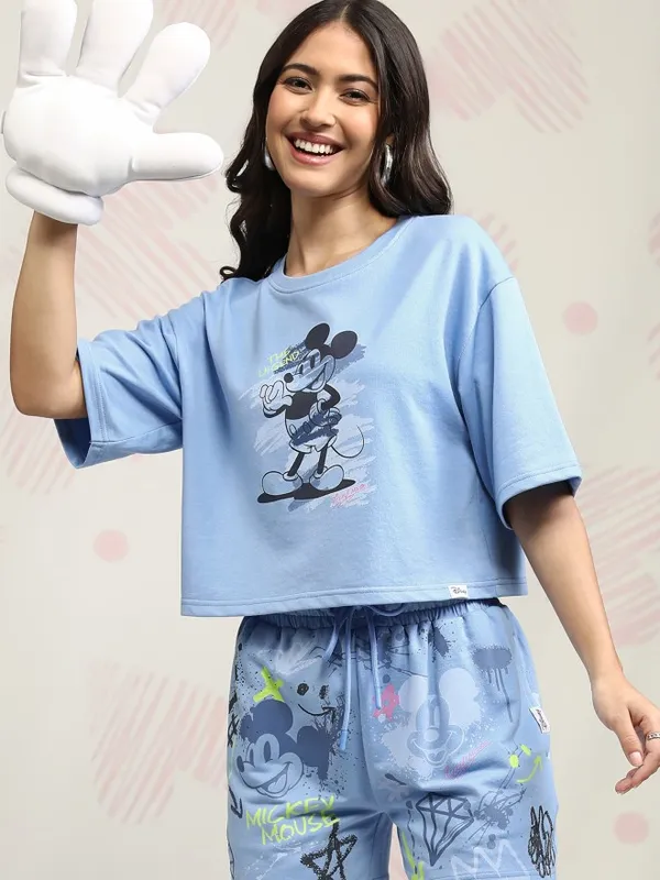 Disney By Tokyo Talkies Women Blue Mickey Mouse T-shirt With Short