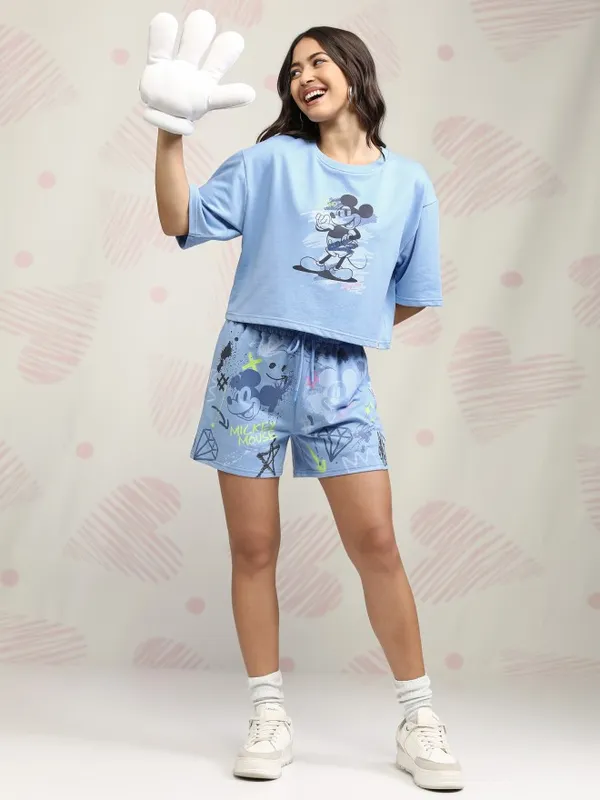 Disney By Tokyo Talkies Women Blue Mickey Mouse T-shirt With Short
