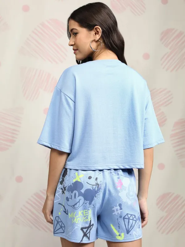 Disney By Tokyo Talkies Women Blue Mickey Mouse T-shirt With Short
