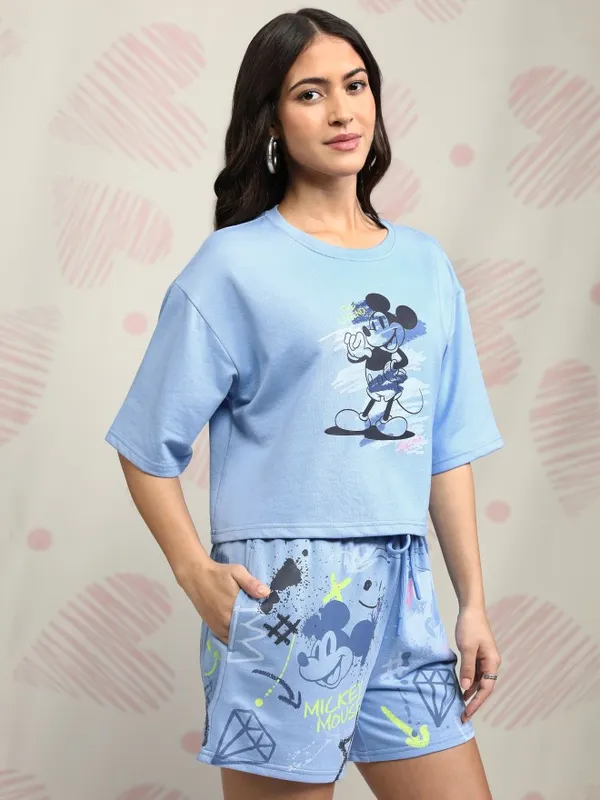 Disney By Tokyo Talkies Women Blue Mickey Mouse T-shirt With Short