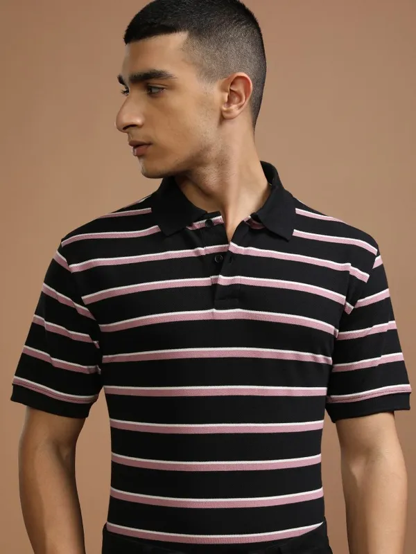 Highlander Men Black Striped Polo Collar T-Shirt