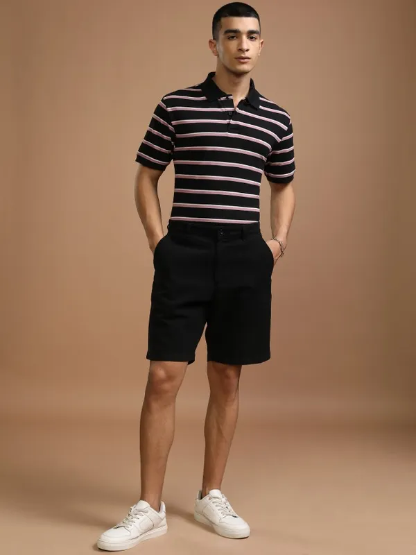 Highlander Men Black Striped Polo Collar T-Shirt